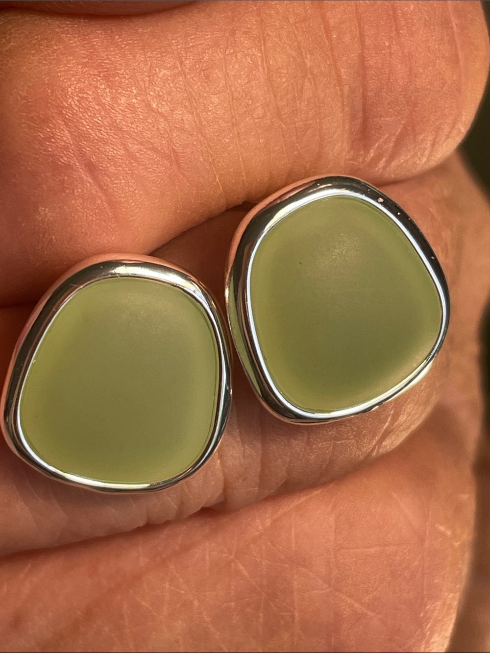 Liz Claiborne Olive Green Earrings with Silvertone Trim 1/2”